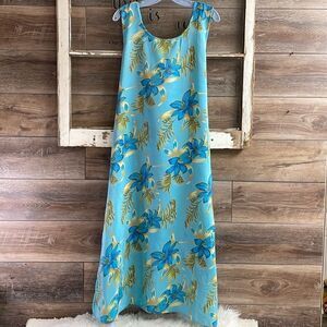 Looking Good Floral Midi Dress Hawaiian Style Sleeveless Size L Teal